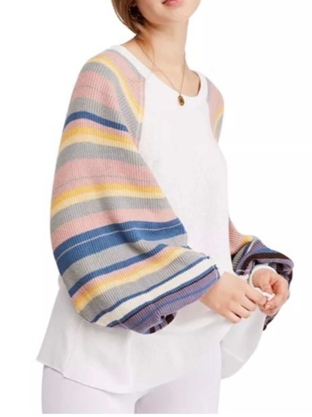 We The Free Pastel Multicolor Striped Balloon Sleeve Sweater Free People